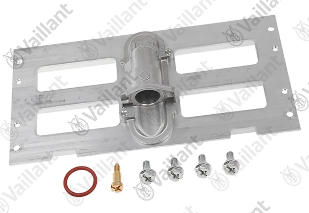 Vaillant Düsenstock mit metallischer Halterung, mehreren Schrauben und einer roten Dichtung. Komponenten sind für die Montage in einem Heizsystem vorgesehen.